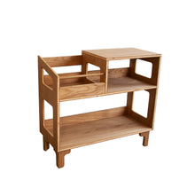 Load image into Gallery viewer, A white oak vinyl record storage cabinet with multiple shelves and a natural wood finish.