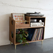 Load image into Gallery viewer, Walnut and brass vinyl record cabinet
