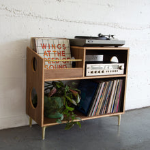 Load image into Gallery viewer, Walnut and brass vinyl record cabinet