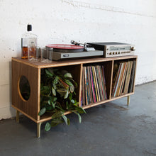 Load image into Gallery viewer, Wooden walnut vinyl record console. Plant, white background