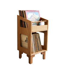 Load image into Gallery viewer, Wooden record player stand with vinyl records on a white background