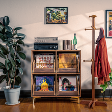 Load image into Gallery viewer, Walnut and brass vinyl record cabinet. MCM music storage