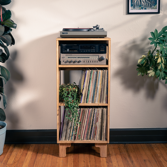 A light natural wood record cabinet with open shelves stands on a hardwood floor against a beige wall, holding vinyl records and electronic components. The cabinet is styled in a room with potted plants on both sides.