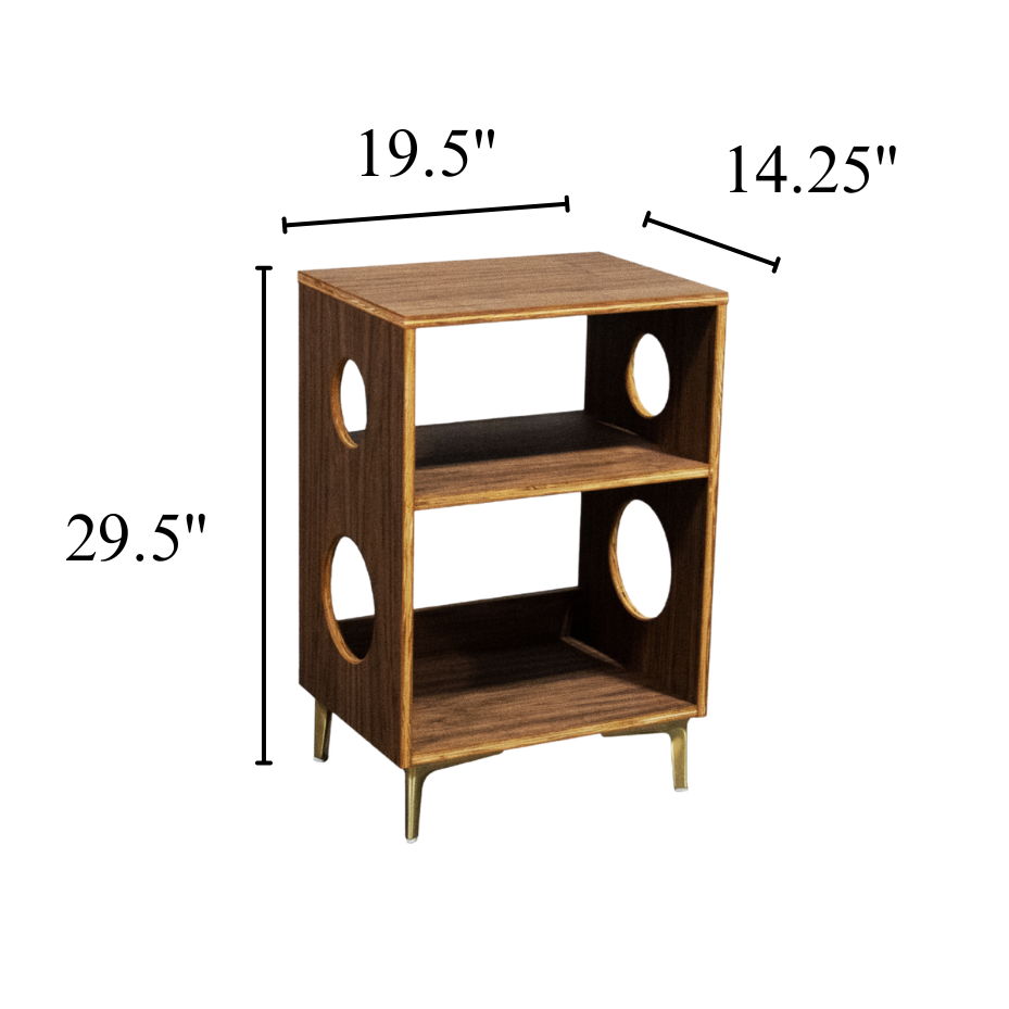 A mid-century modern wooden side table with two open shelves, circular cutouts in the side panels, and tapered legs, shown with dimension lines and measurements: 29.5 inches tall, 19.