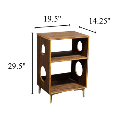 A mid-century modern wooden side table with two open shelves, circular cutouts in the side panels, and tapered legs, shown with dimension lines and measurements: 29.5 inches tall, 19.