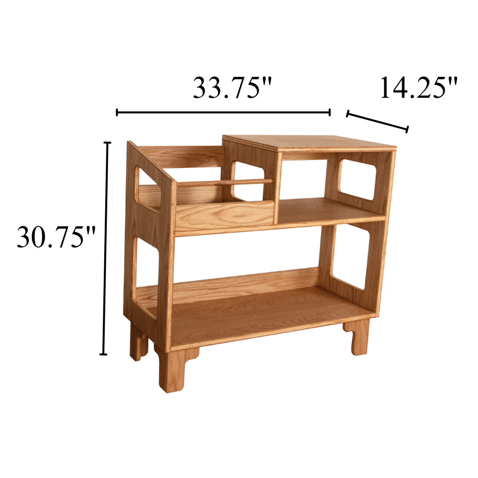 A wooden two-tier side table with dimension lines and measurements showing 30.75 inches height, 33.