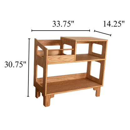 A wooden two-tier side table with dimension lines and measurements showing 30.75 inches height, 33.
