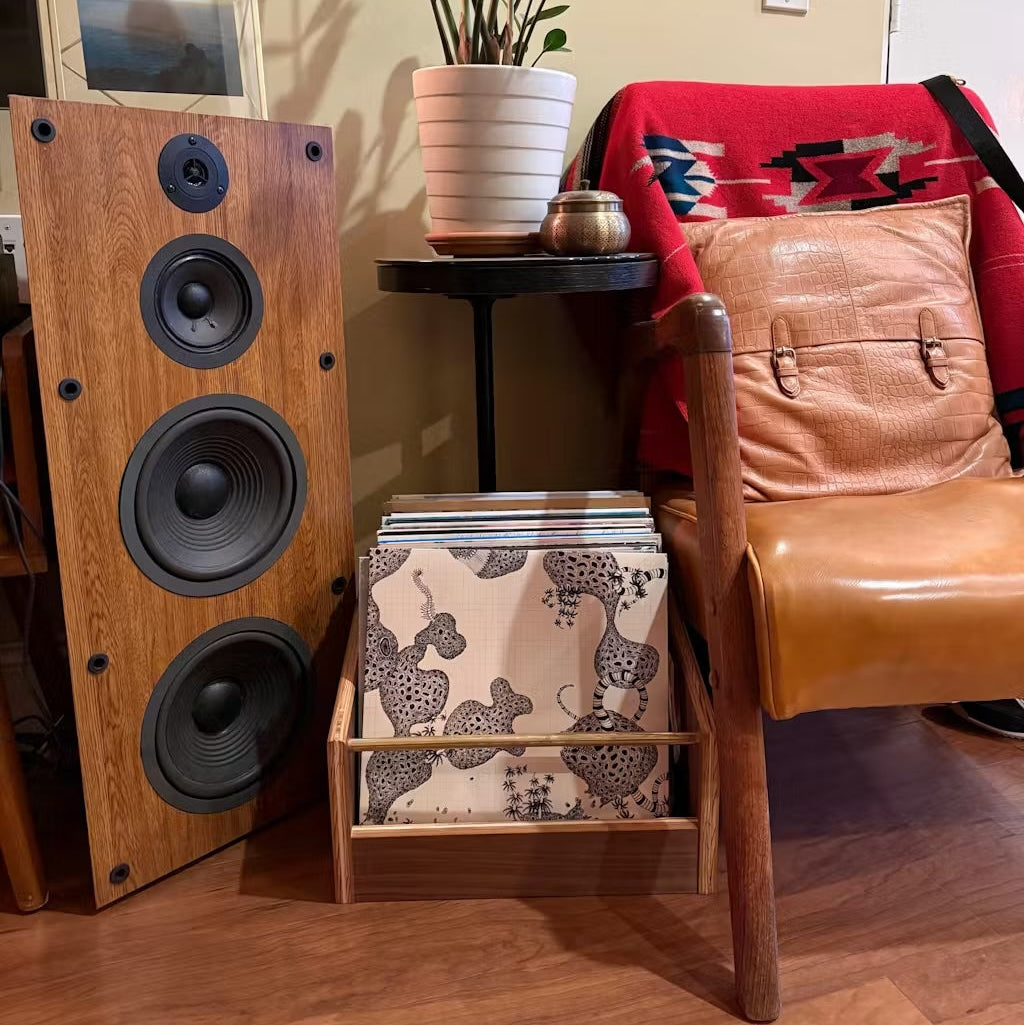 Wooden speakers next to a chair with a red blanket and brown pillow, vinyl records on a stand, and a plant on a small table.