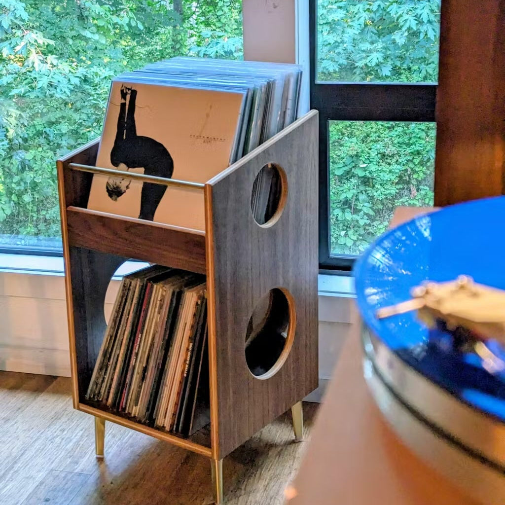 Record player with vinyl records and a cat tree in a room with large windows showing greenery outside.