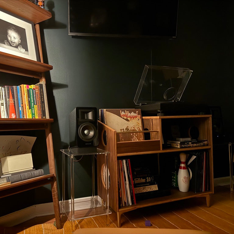 Room interior with bookshelves, records, and a television.