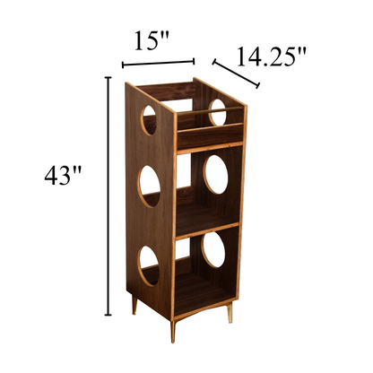 A dark wood three-tier shelving unit with circular cutouts, shown on a white background with dimension lines indicating 43 inches height, 15 inches top width, and 14.25 inches side width.