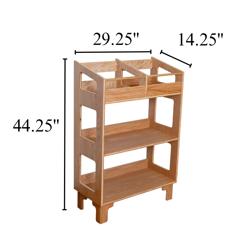 A three-tier wooden storage shelf with dimension annotations showing a height of 44.25 inches, top width of 29.