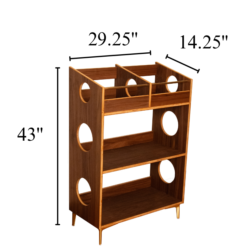 A wooden three-tier shoe rack with circular cutouts in the side panels, shown on a white background with dimension lines indicating 43 inches height, 29.25 inches width, and 14.