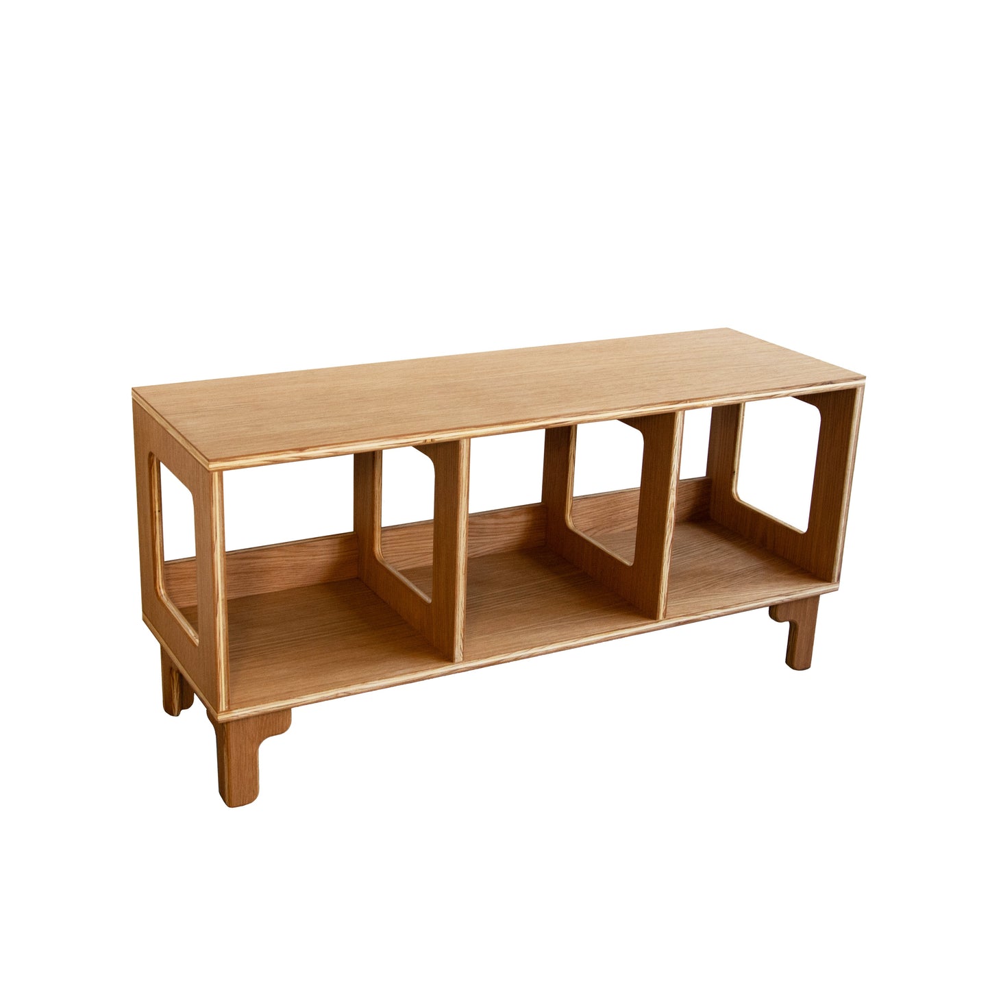 A low-slung white oak vinyl record console with a sleek design, featuring multiple shelves for record storage and a turntable on top.