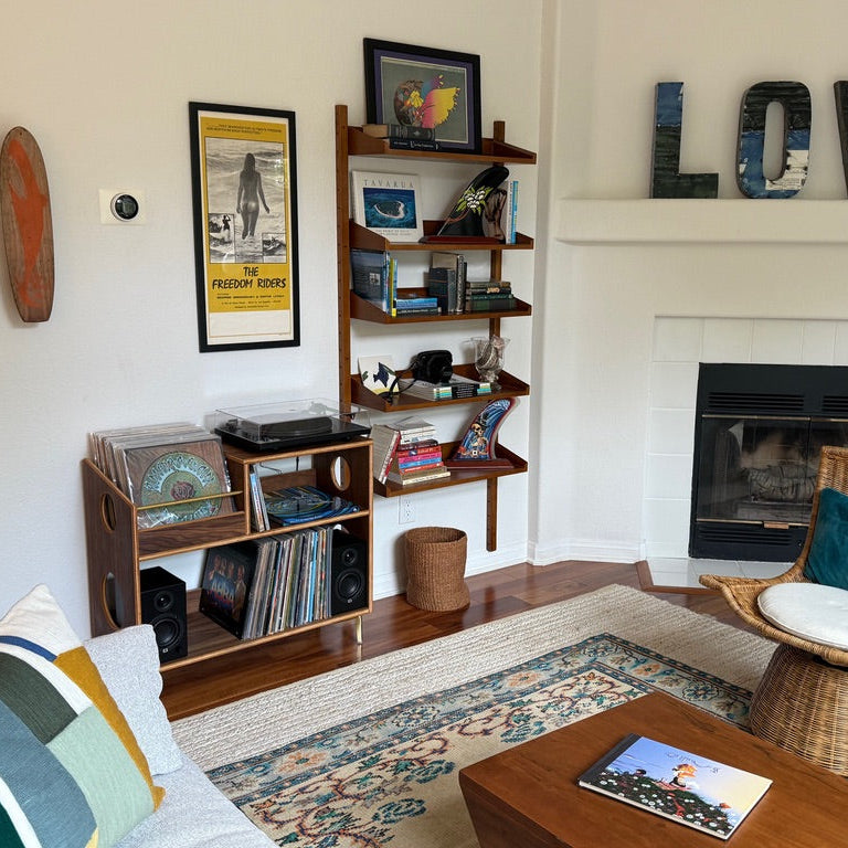 Living room with bookshelves, fireplace, and decorative items.