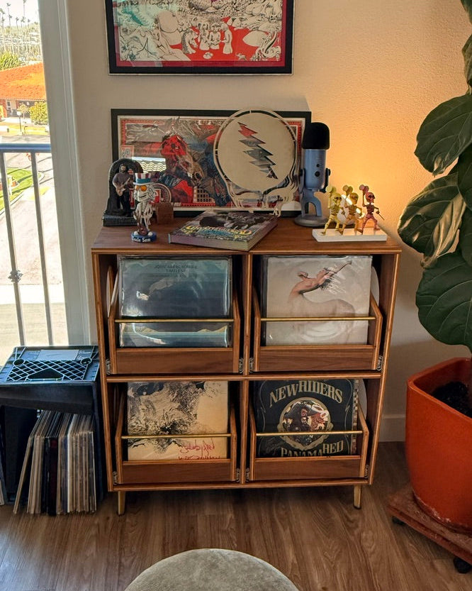 Wooden crate shelf with records, books, and decorative items in a room with a plant and window.