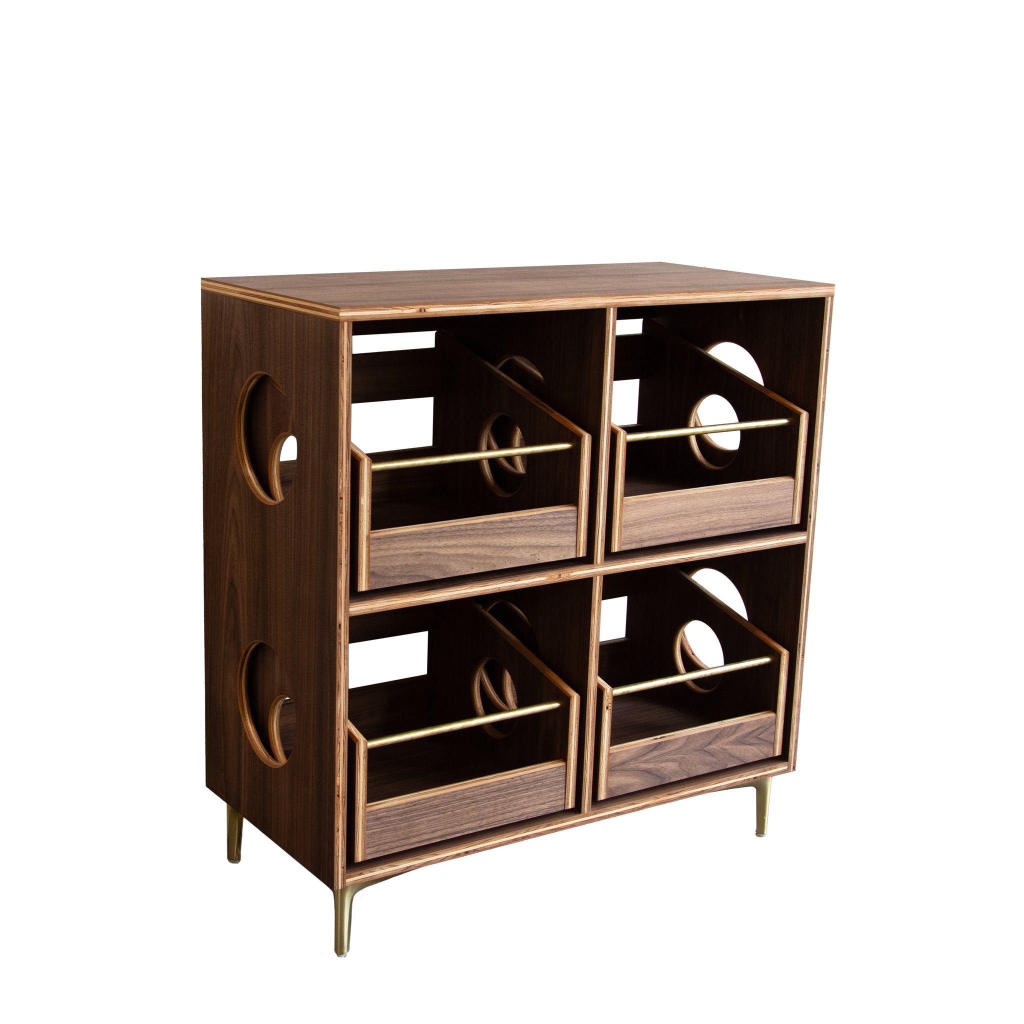 Wooden vinyl storage cabinet with multiple shelves on a white background