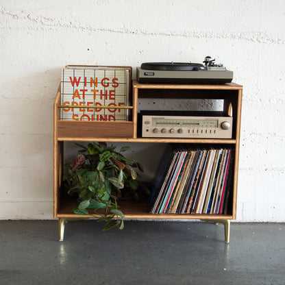 Wooden walnut vinyl record cabinet with turntable