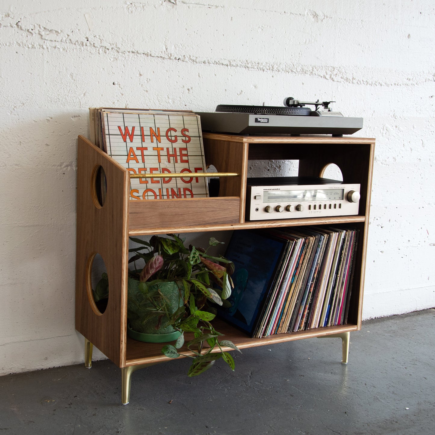 Walnut and brass vinyl record cabinet