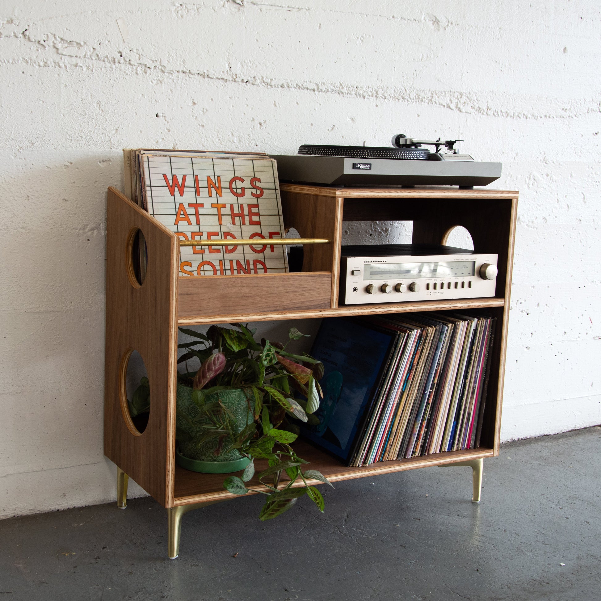 Walnut and brass vinyl record cabinet