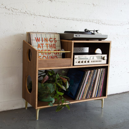 Walnut and brass vinyl record cabinet