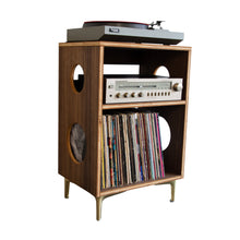 Load image into Gallery viewer, Wooden record player console with vinyl records and stereo equipment on a white background
