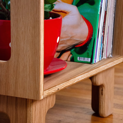 Close-up of a light natural wood furniture piece, likely a shelf or table section, holding a red plant pot with a green plant and a colorful magazine or record sleeve, with a wooden floor visible below.