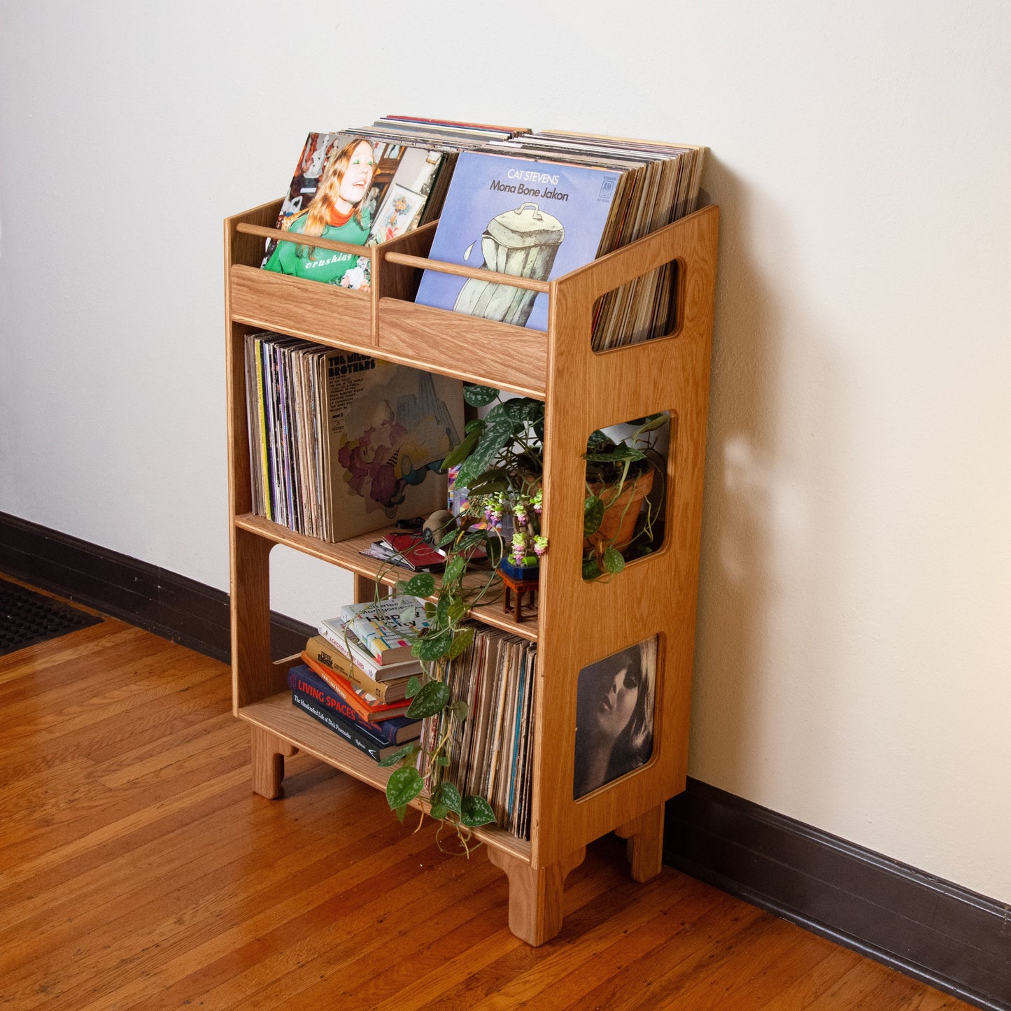 A light natural wood record and book rack styled with vinyl records, books, and a trailing green plant, set against a plain off-white wall and hardwood floor.