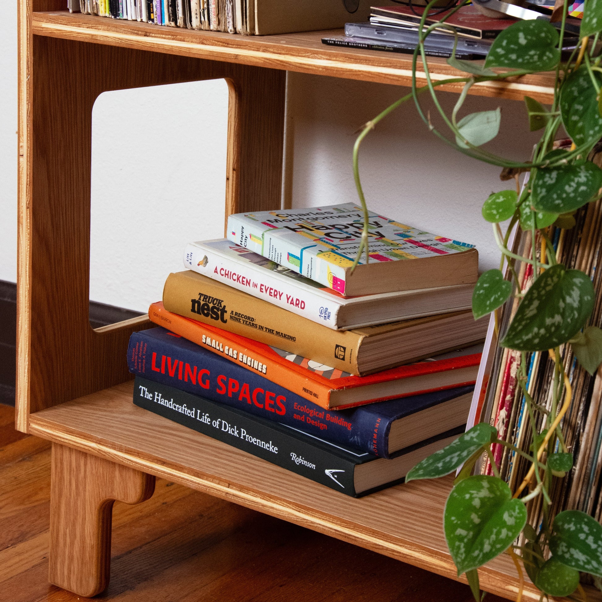 A light natural wood bookshelf with two open shelves, styled with a stack of books, vinyl records, and a trailing green houseplant in a home setting.