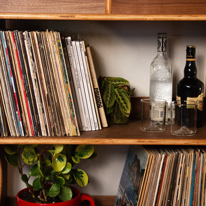 A wooden shelf filled with vinyl records, books, a potted green plant in a red polka-dot mug, two bottles, and a colorful framed print featuring a woman's face.