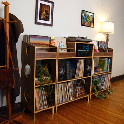 A mid-century modern record rack bookshelf with gold-finished legs and wood-grain fronts, filled with vinyl records, speakers, and plants, set in a room with hardwood floors and a wall lamp.