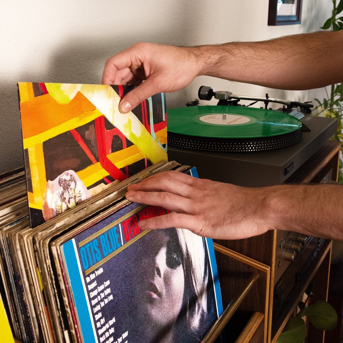 A person's hands are shown placing a vinyl record into a wooden record rack on a shelf. A green vinyl record is spinning on a turntable in the background, with framed wall art and a houseplant visible in a home interior setting.