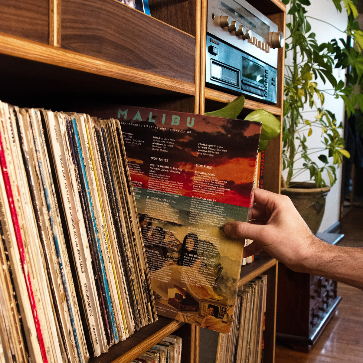 A hand holds a vinyl record sleeve titled 'MALIBU' in front of a wooden record shelf filled with records, with a stereo system and potted plants in the background.