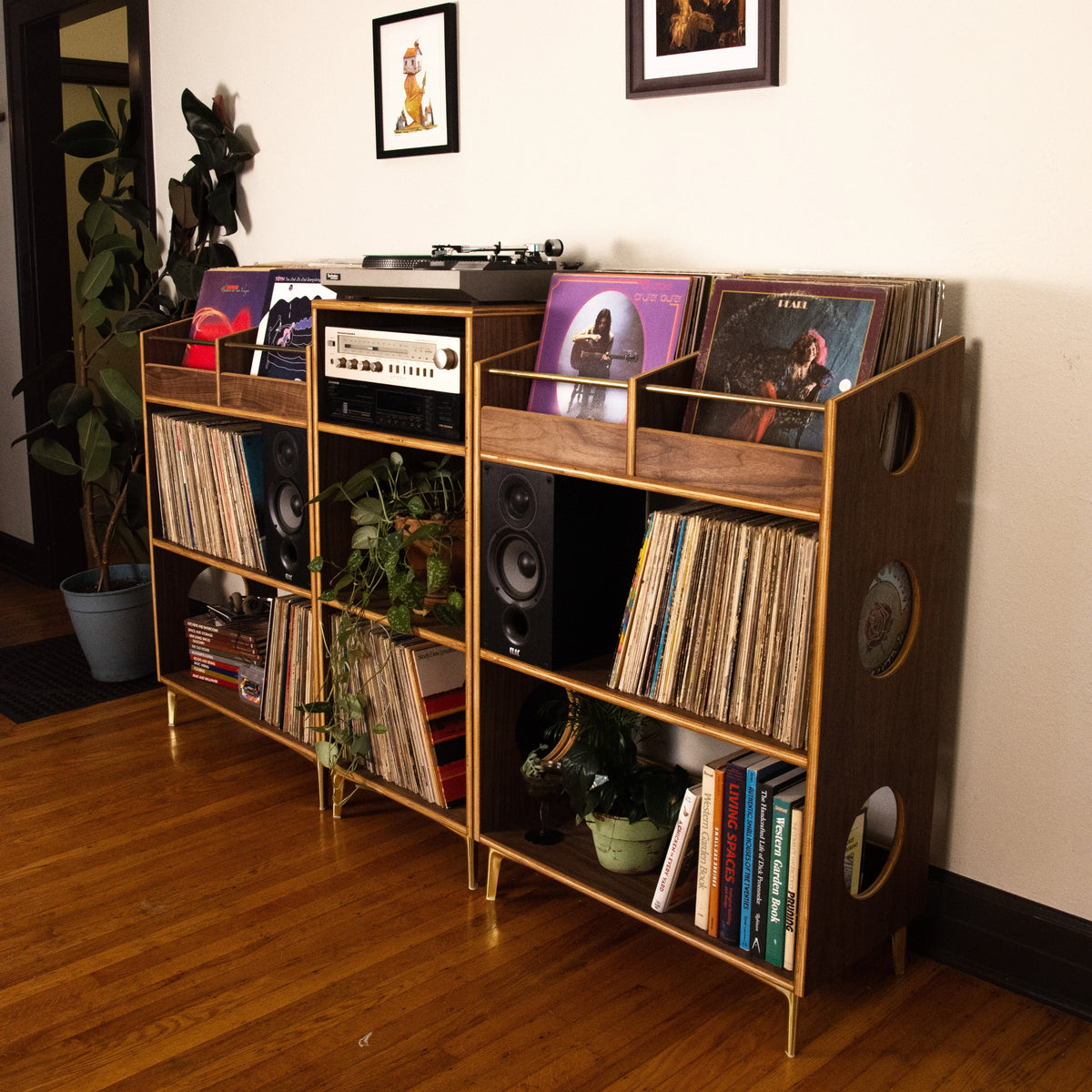 A tall, narrow wooden record shelf with gold-toned metal framing and legs, filled with vinyl records, books, speakers, and small plants, set against a cream wall in a room with hardwood floors.