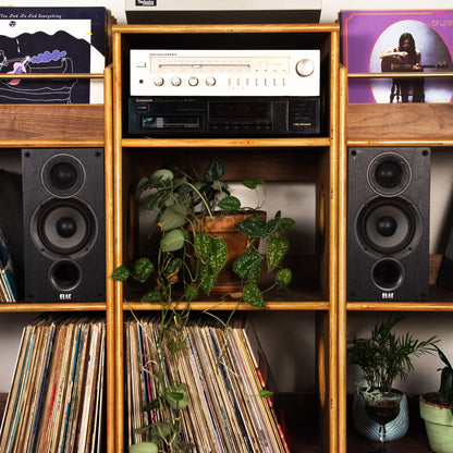 A wooden record shelf filled with vinyl records, two black speakers, a vintage stereo receiver, and green potted plants.