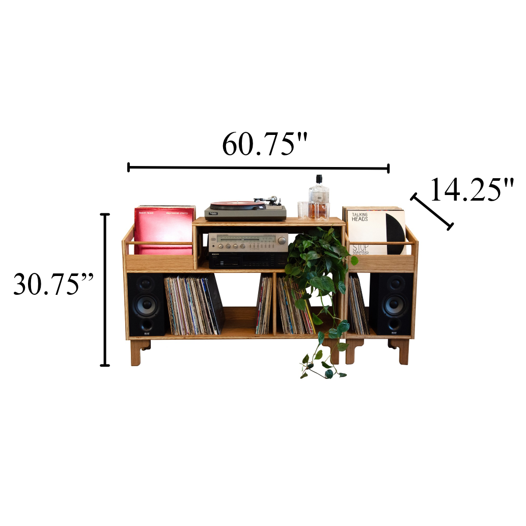 A wooden record player console with shelves, speakers, and accessories, shown with dimension lines indicating 60.75 inches wide, 30.