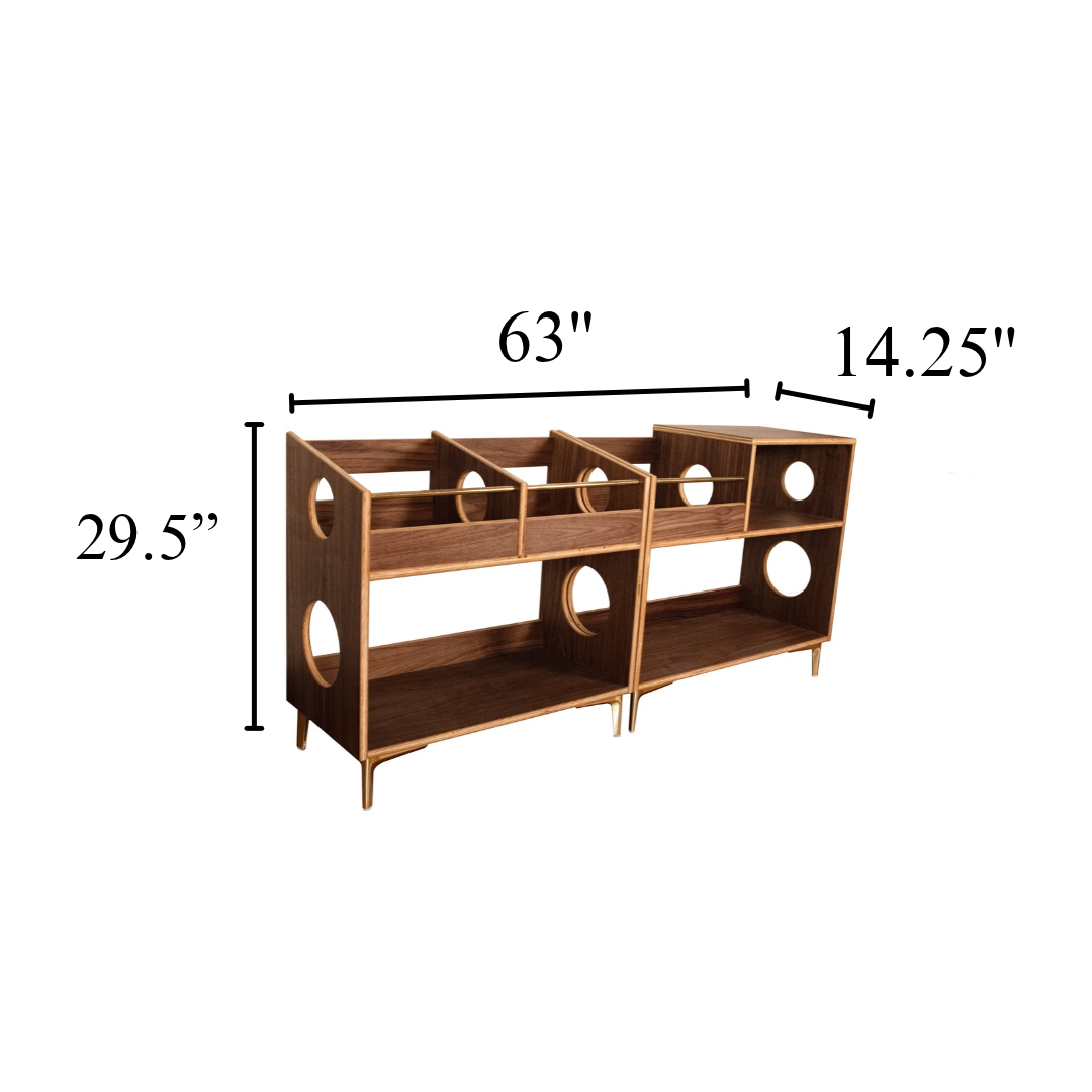 A wooden open shelving unit with dimension callouts showing 29.5 inches height, 63 inches width, and 14.