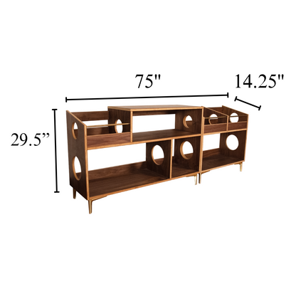 A wooden console or media shelf with open cubbies and circular cutouts, shown on a white background with dimension lines and labels indicating 75 inches wide, 29.5 inches tall, and 14.
