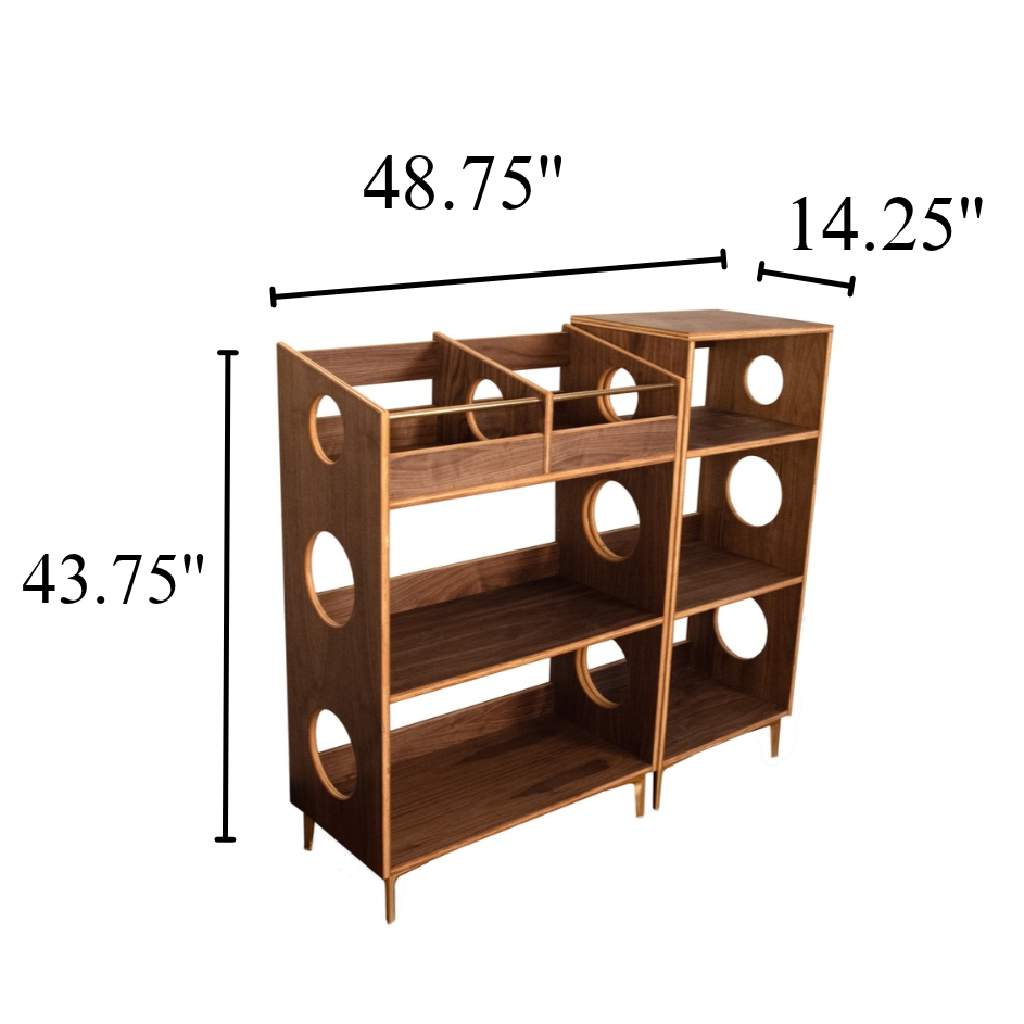 A wooden shelving unit with circular cutout details, shown with dimension lines and labels indicating 43.75 inches height, 49 inches width, and 14.