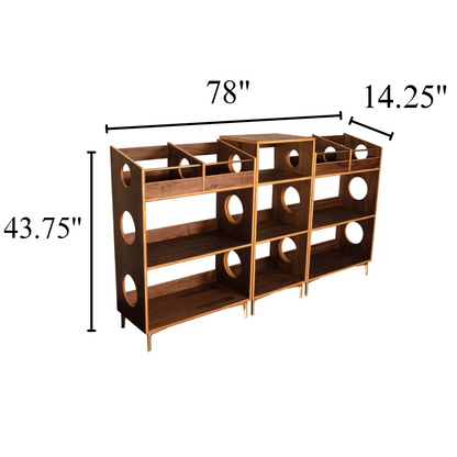 A wooden shoe rack with dimension annotations showing a height of 43.75 inches, a width of 78 inches, and a depth of 14.