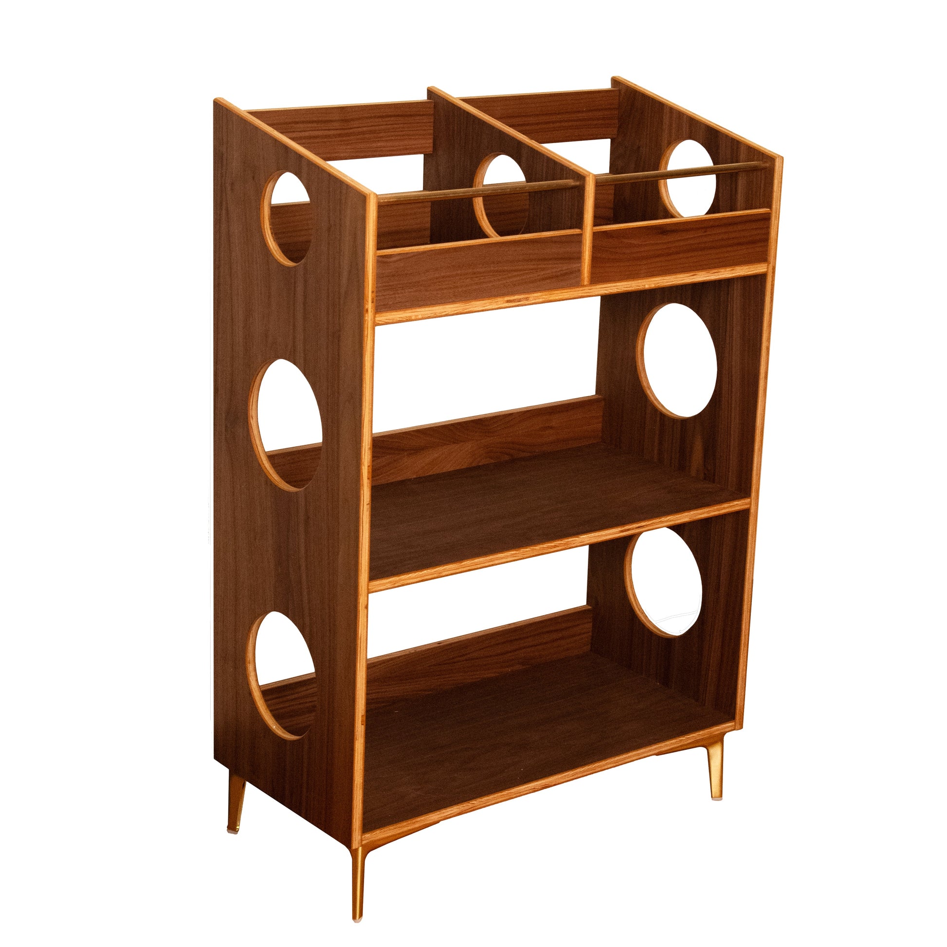 A mid-century modern wooden bookshelf with a warm brown finish, featuring circular cutouts on the side panels and legs, set against a plain white background.