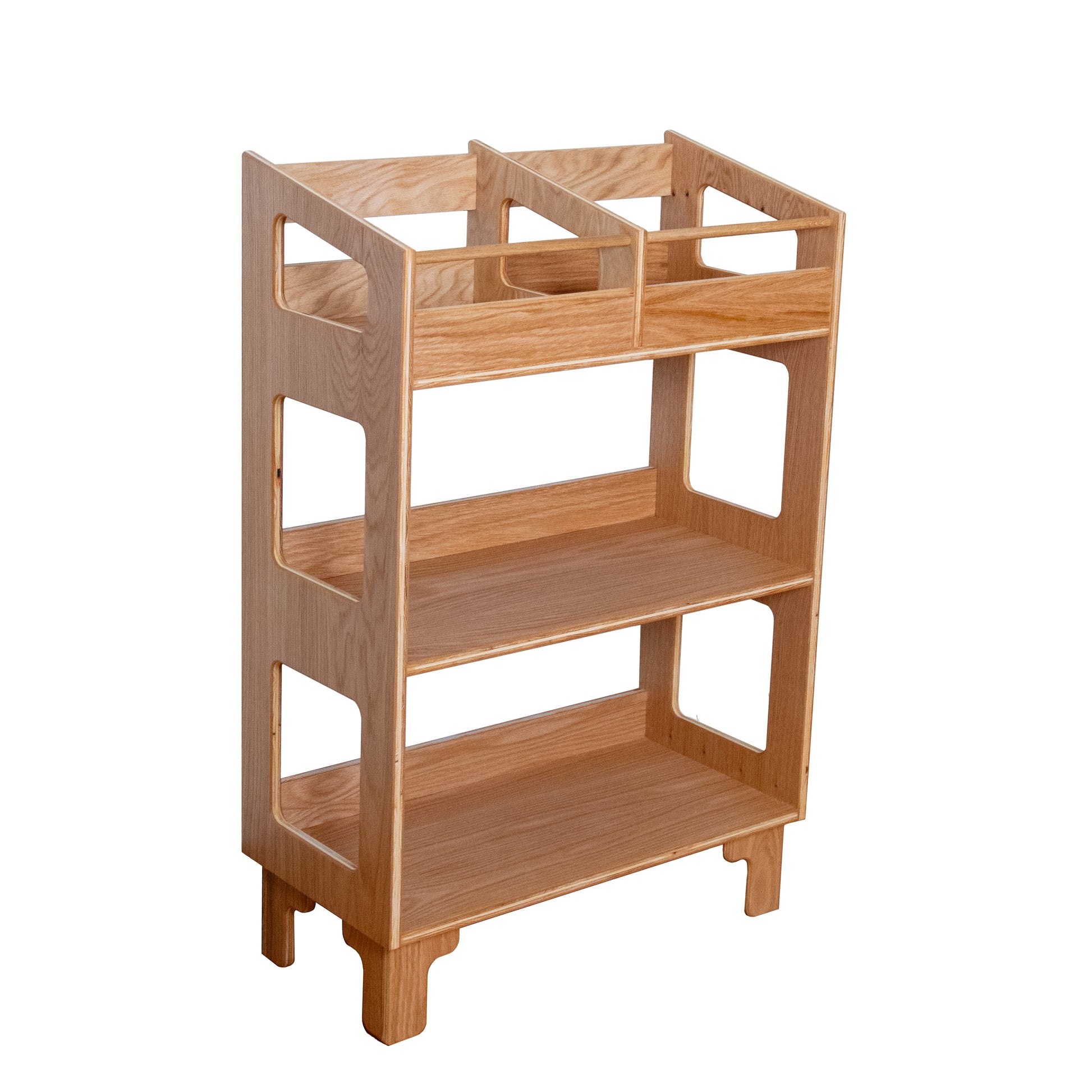 A three-tier wooden shelf unit with a natural light oak finish, featuring open side panels and a top tray section, shown on a plain white background.