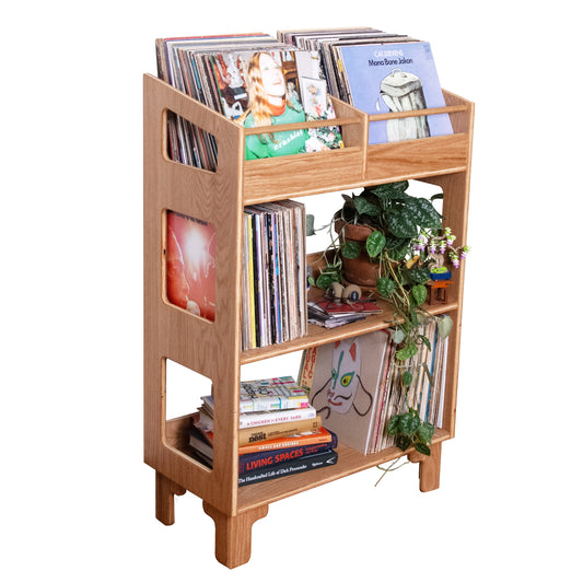 A light natural wood three-tier bookshelf or record rack, styled with books, CDs, and potted green plants, isolated on a solid white background.