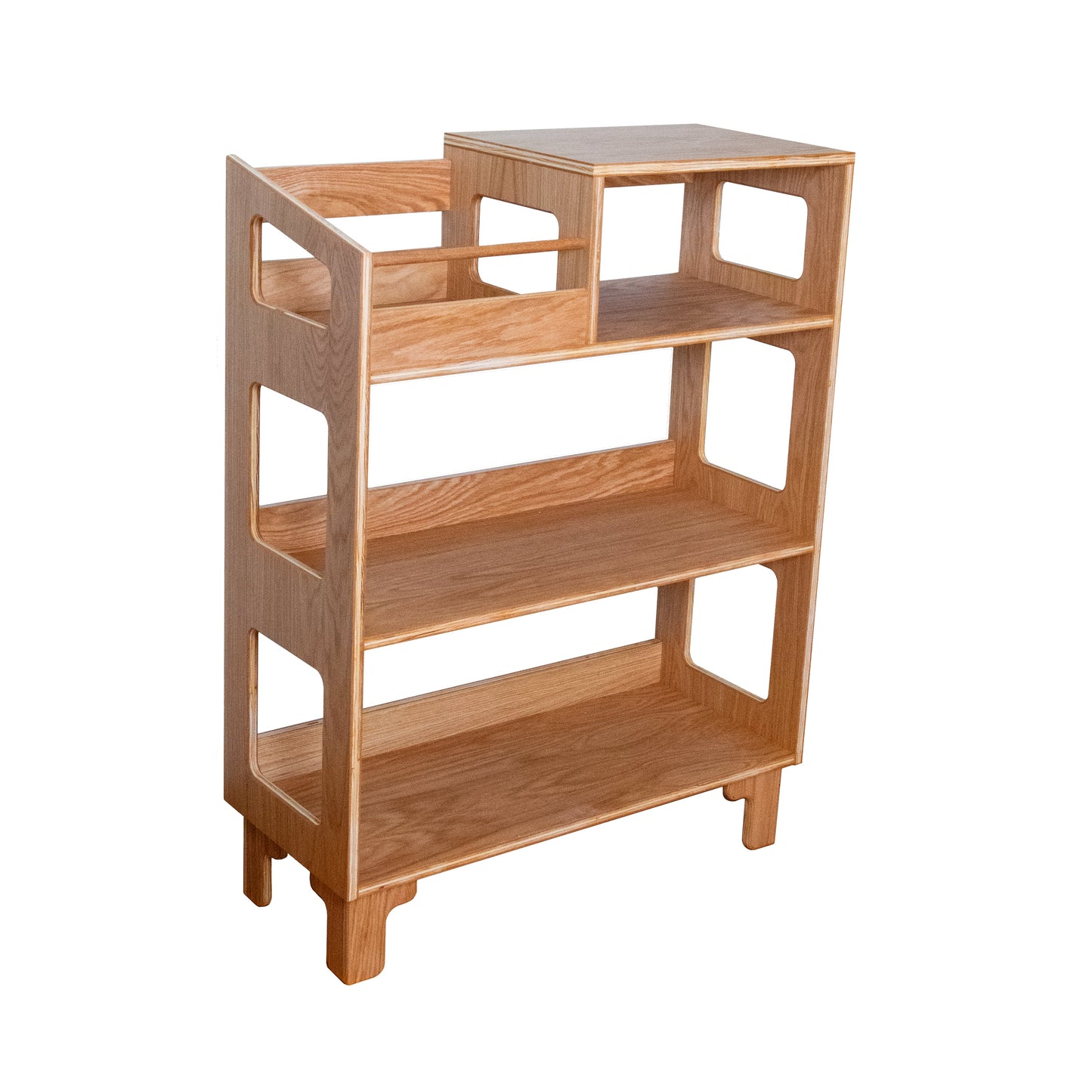 A light natural wood three-tier bookcase with open shelving and a small top surface, shown on a plain white background.