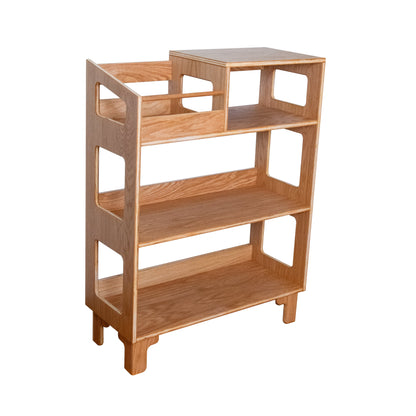 A light natural wood three-tier bookcase with open shelving and a small top surface, shown on a plain white background.