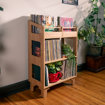 A light natural wood record shelf styled in a home corner with potted plants, holding vinyl records, books, and small decorative items.