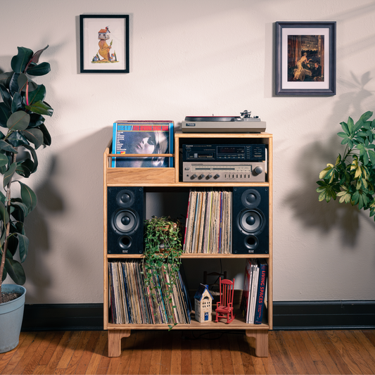 A mid-century modern wooden record shelf cabinet styled in a room corner with potted plants, framed wall art, and a hardwood floor. The cabinet features open shelves for records, a side shelf for a turntable and cassette deck, and built-in speaker compartments.