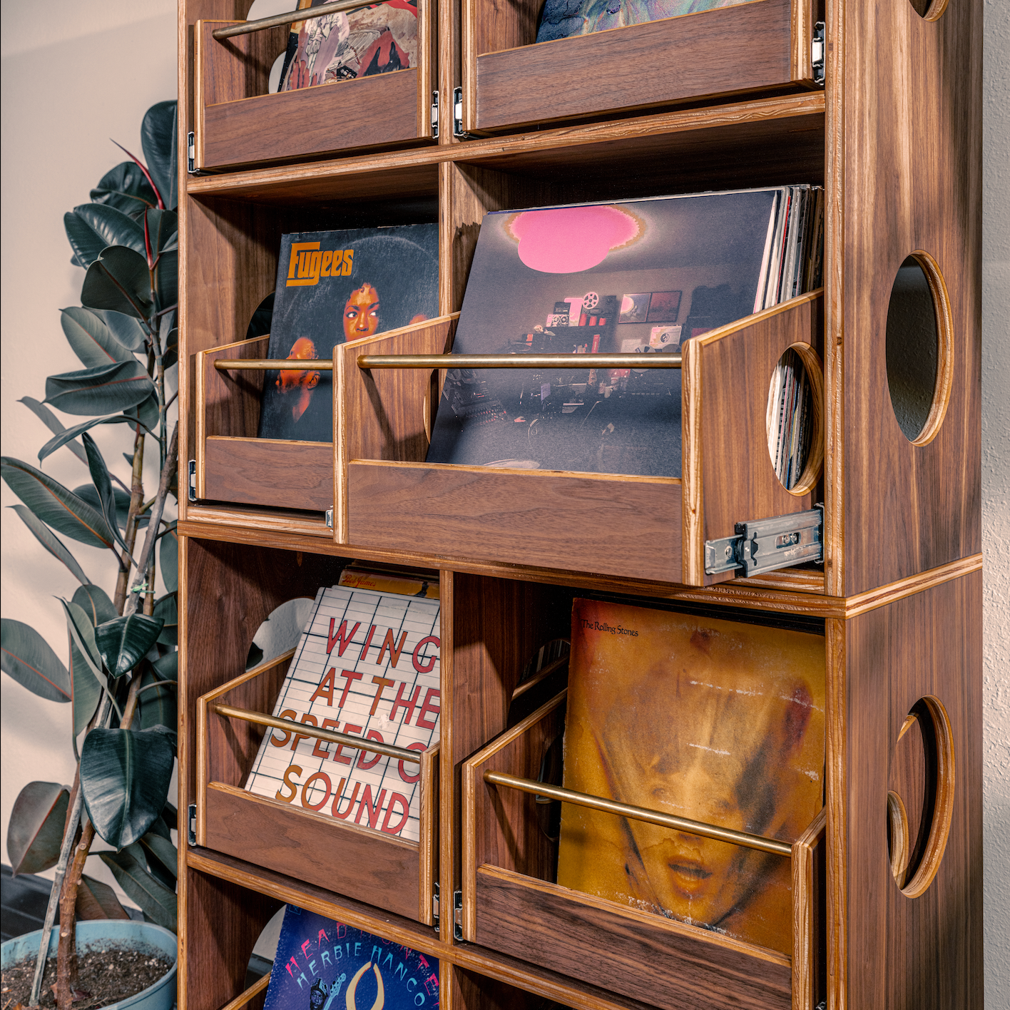 Wooden record storage. Walnut vinyl cabinet