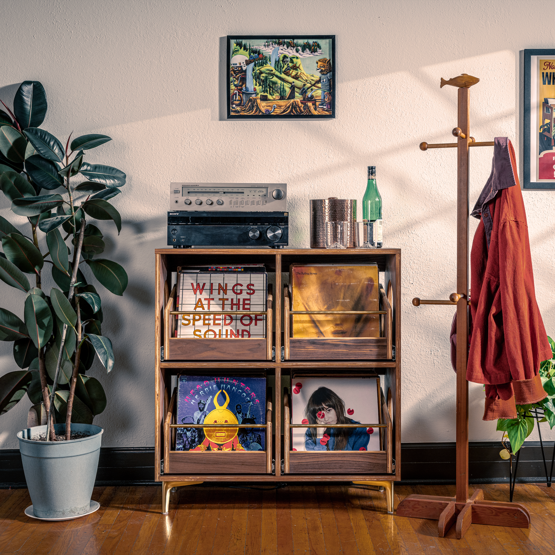 Walnut and brass vinyl record cabinet. MCM music storage