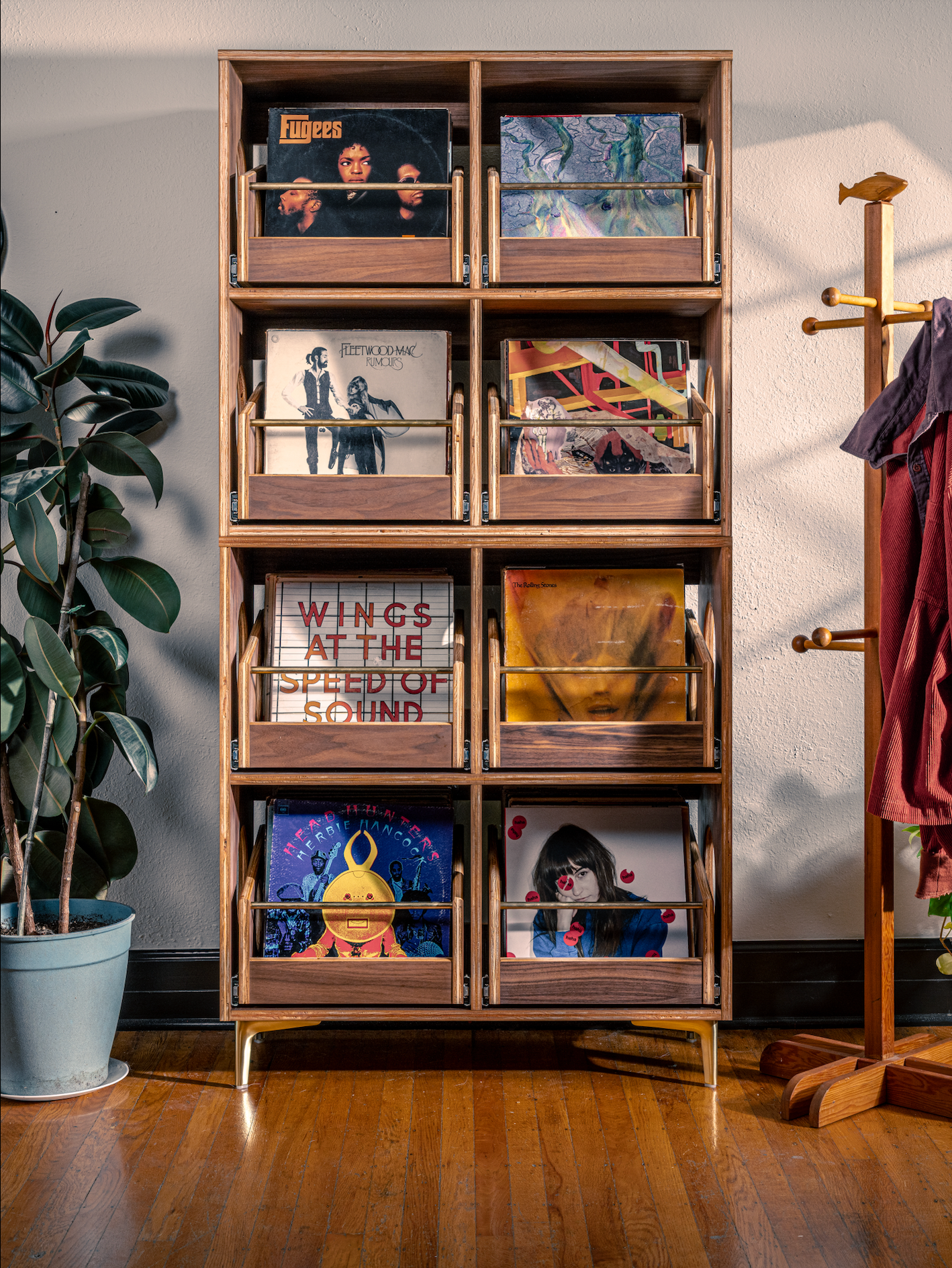 Wooden record cabinet with vinyl records and a plant in the background